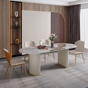 78.7" Modern Oval Marble Dining Table Stainless Steel Double Pedestals